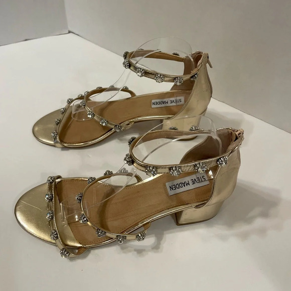 Steve Madden gold strappy heels sandals shoes with floral rhinestones size 9 M - Picture 3 of 8